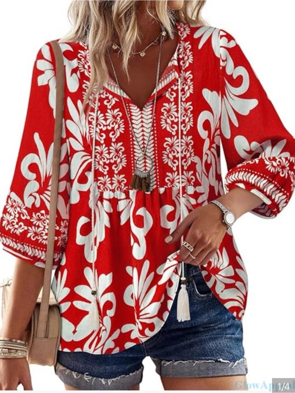 ViVI Red Floral V-Neck Tunic with White Print